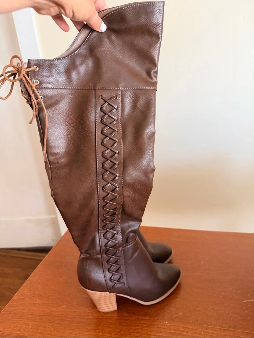Source Unknown Brown Over-the-Knee Lace-Back Block Heel Boots